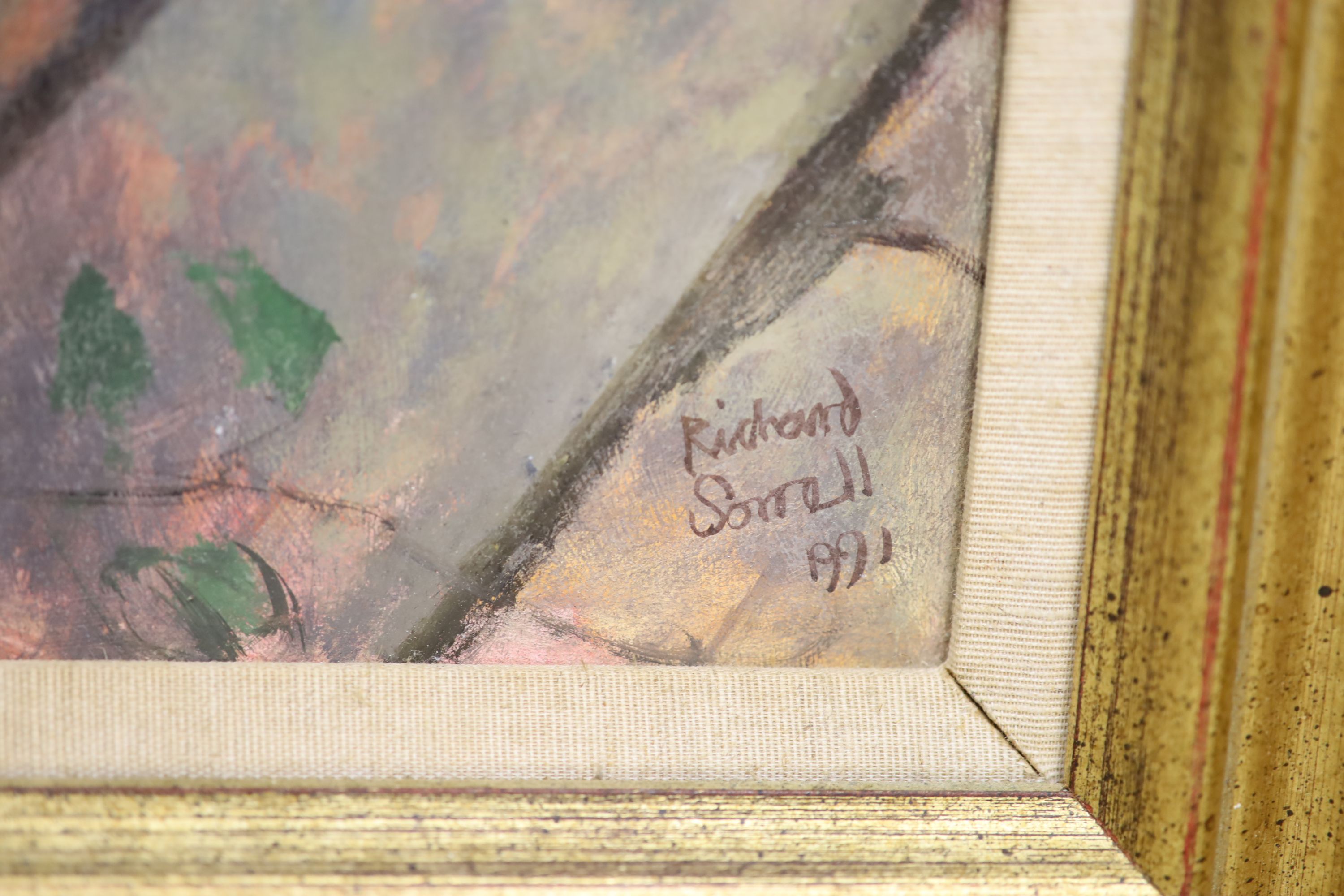 Richard Sorrell RWS, oil on board, Still life of Azaelas in a pot, signed and dated 1991, 35 x 27cm